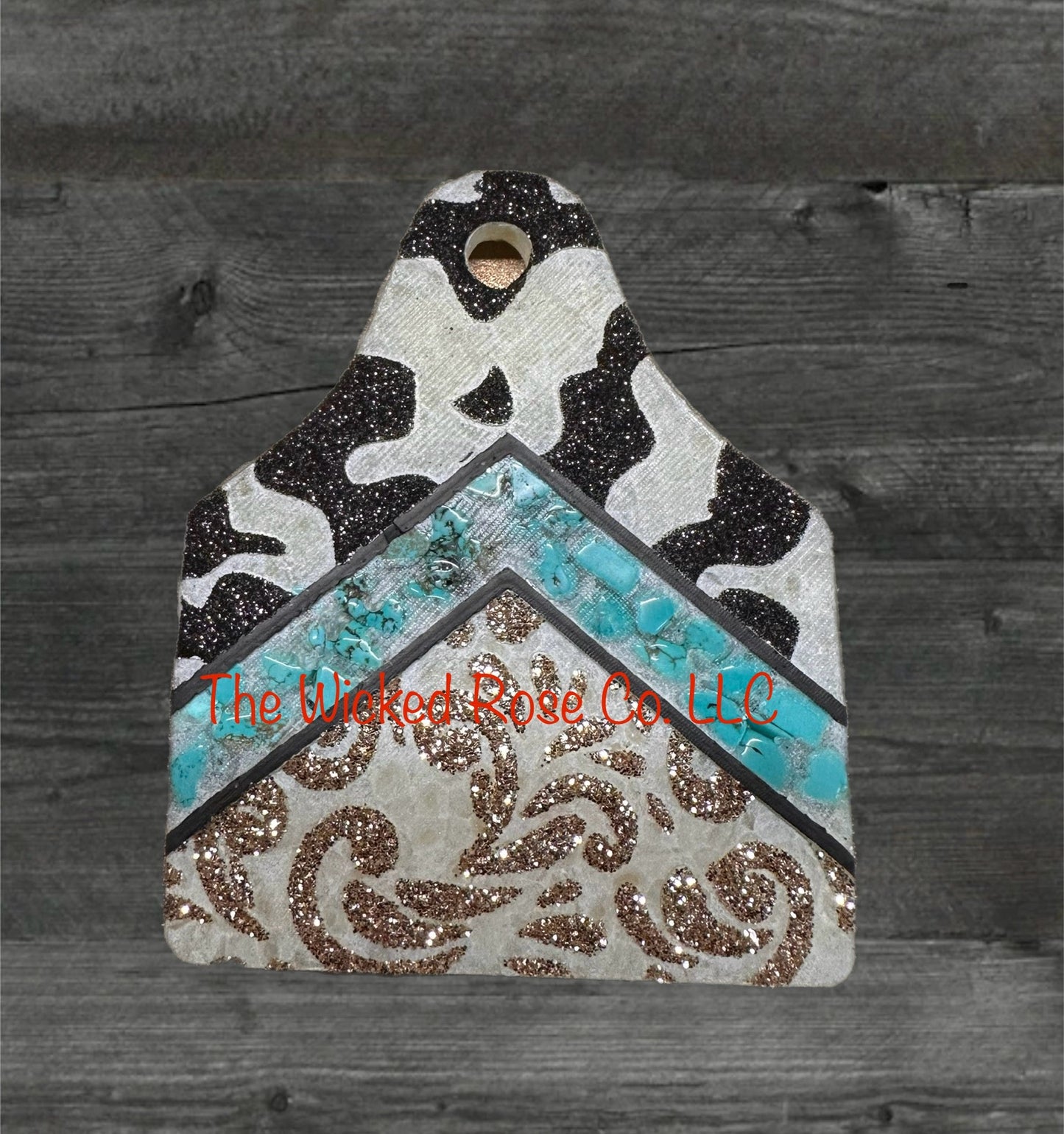 Cowprint/Tooled Leather Cow Tag With Turquoise Stones Car Freshie