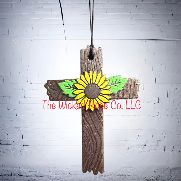 Woodgrain Cross With Sunflower