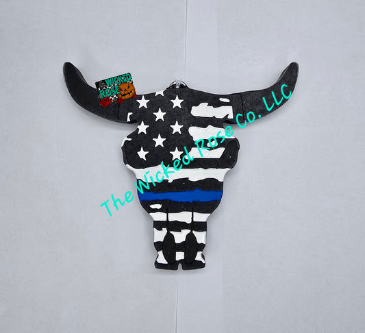 Thin Blue Line Distressed Flag Bull Skull Car Freshie
