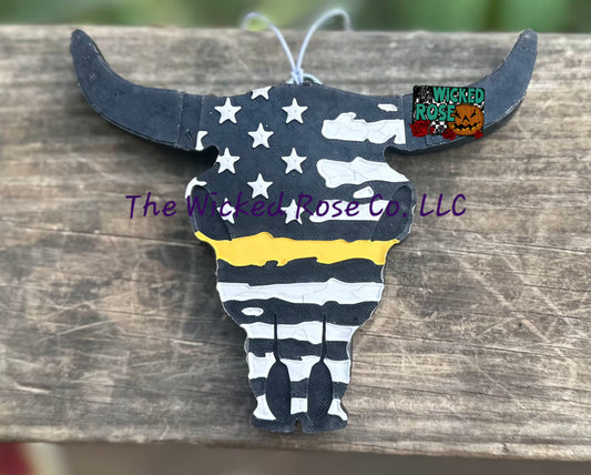 Thin Yellow Line Distressed Flag Bull Skull Car Freshie