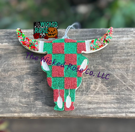 Checkered Bull Skull Car Freshie