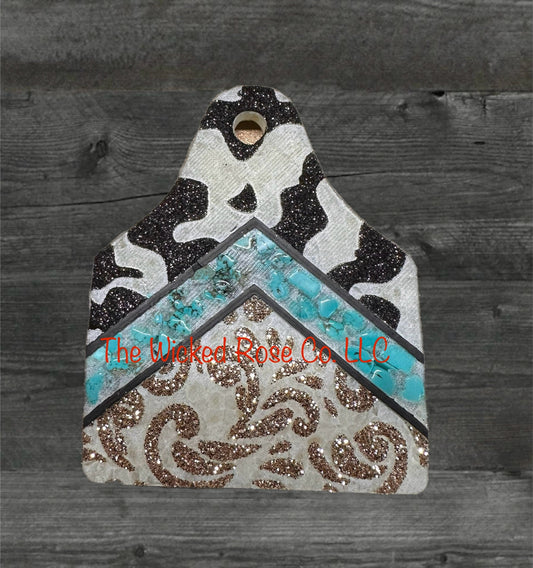Cowprint/Tooled Leather Cow Tag With Turquoise Stones Car Freshie