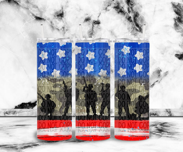 American Flag With Soldier Silhouettes 20oz Skinny Tumbler